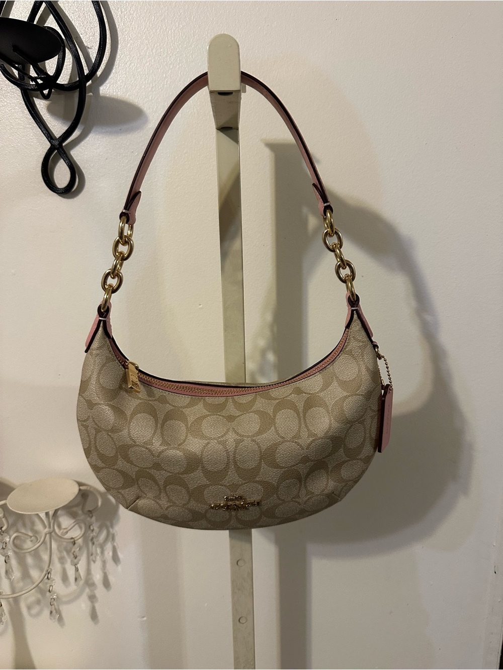 Coach Khaki Canvas Hobo with Pink Trim and Gold Hardware